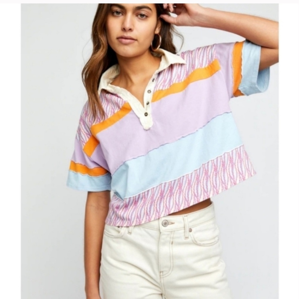 We The Free mixprint Bella collar Henley top